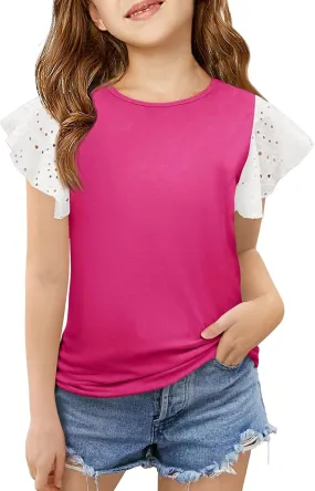 Girls Cute T-Shirts Lace Ruffled Sleeve Tees Crewneck Tops for Teen Kids Girls Short Sleeve T-Shirts Trendy Blouses