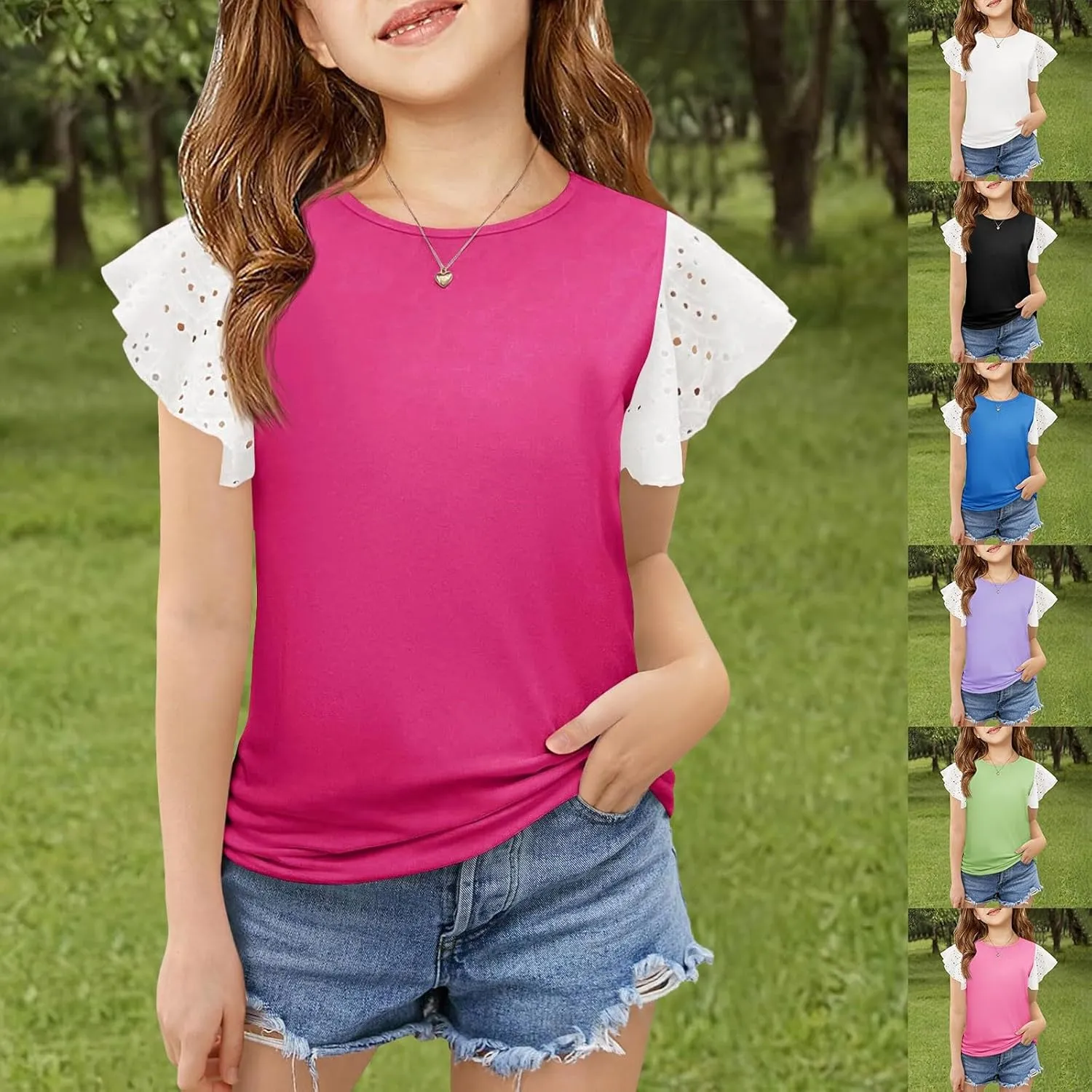 Girls Cute T-Shirts Lace Ruffled Sleeve Tees Crewneck Tops for Teen Kids Girls Short Sleeve T-Shirts Trendy Blouses