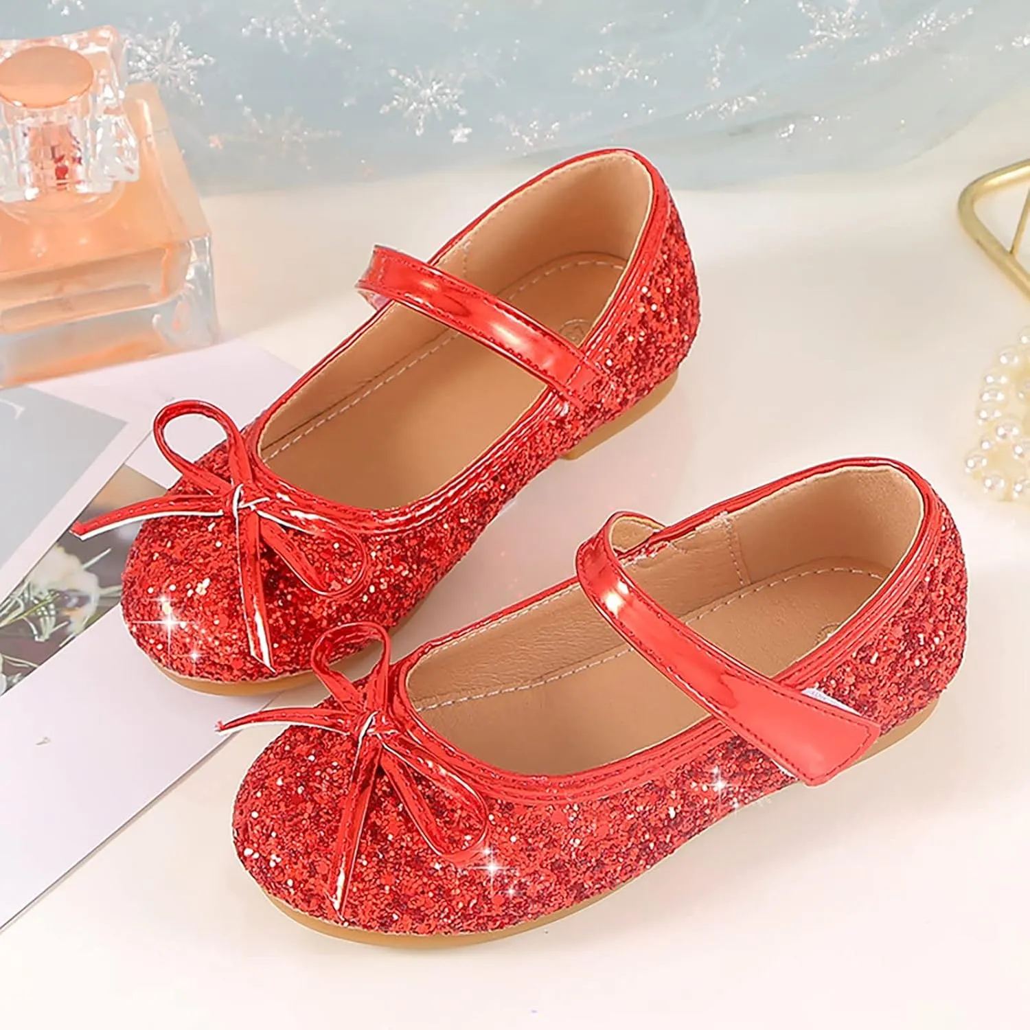 Girls Dress Shoes Wedding Party School Mary Jane Flower Flats Glitter Sequins Slip On Ballet Dance Shoes