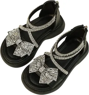 Girls Flat Sandals Bow Glitter Strappy Platform Low Heels Sandal Open Toe Zipper Back Ankle Strap Dress Shoes