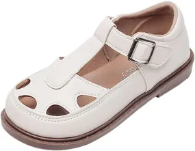 Girls Flat Sandals Leather Soft Closed Toe Princess Shoes Summer Dress Shoes Beach Holiday (Toddler/Little Kid/Big Kids) (White, 1.5 Big Kids)