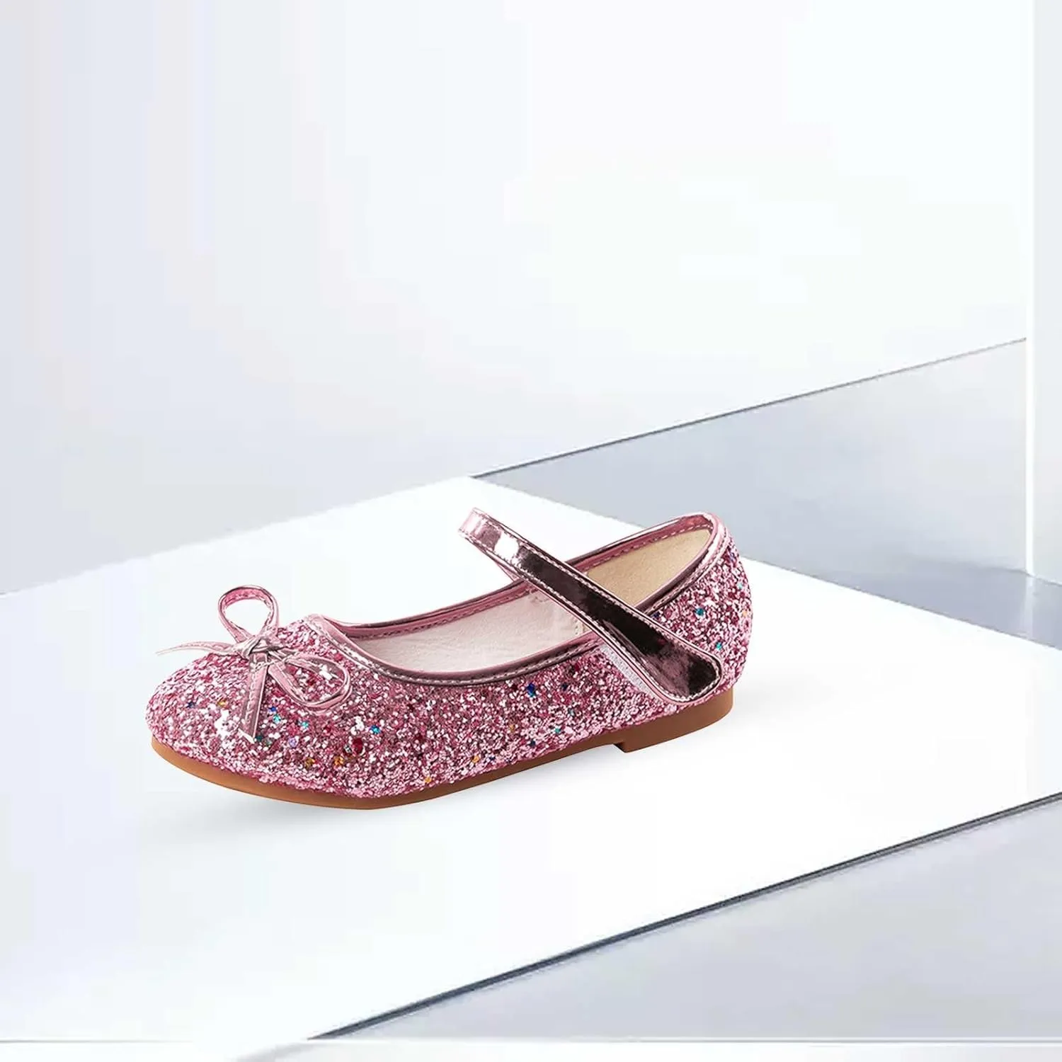 Girls Glittery Bowknot Dress Shoes Princess Low Heel Mary Jane Shoes for Toddler Little Girl Wedding Footwear