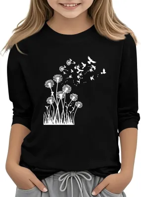 Girls Graphic Tee Top Summer Crewneck Long Sleeve Cute Dandelion Shirt Athletic Sunflower Patterned Blouse Outfits