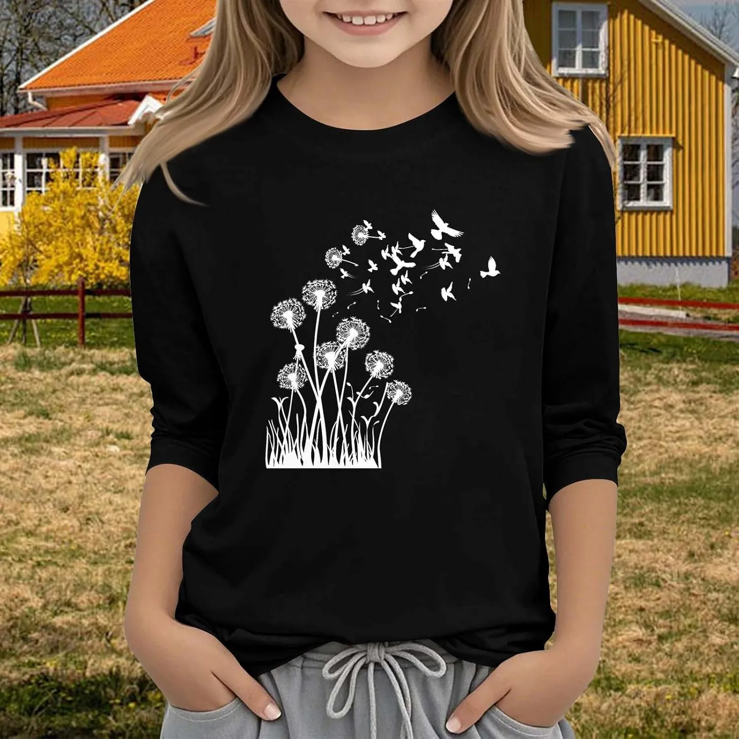 Girls Graphic Tee Top Summer Crewneck Long Sleeve Cute Dandelion Shirt Athletic Sunflower Patterned Blouse Outfits