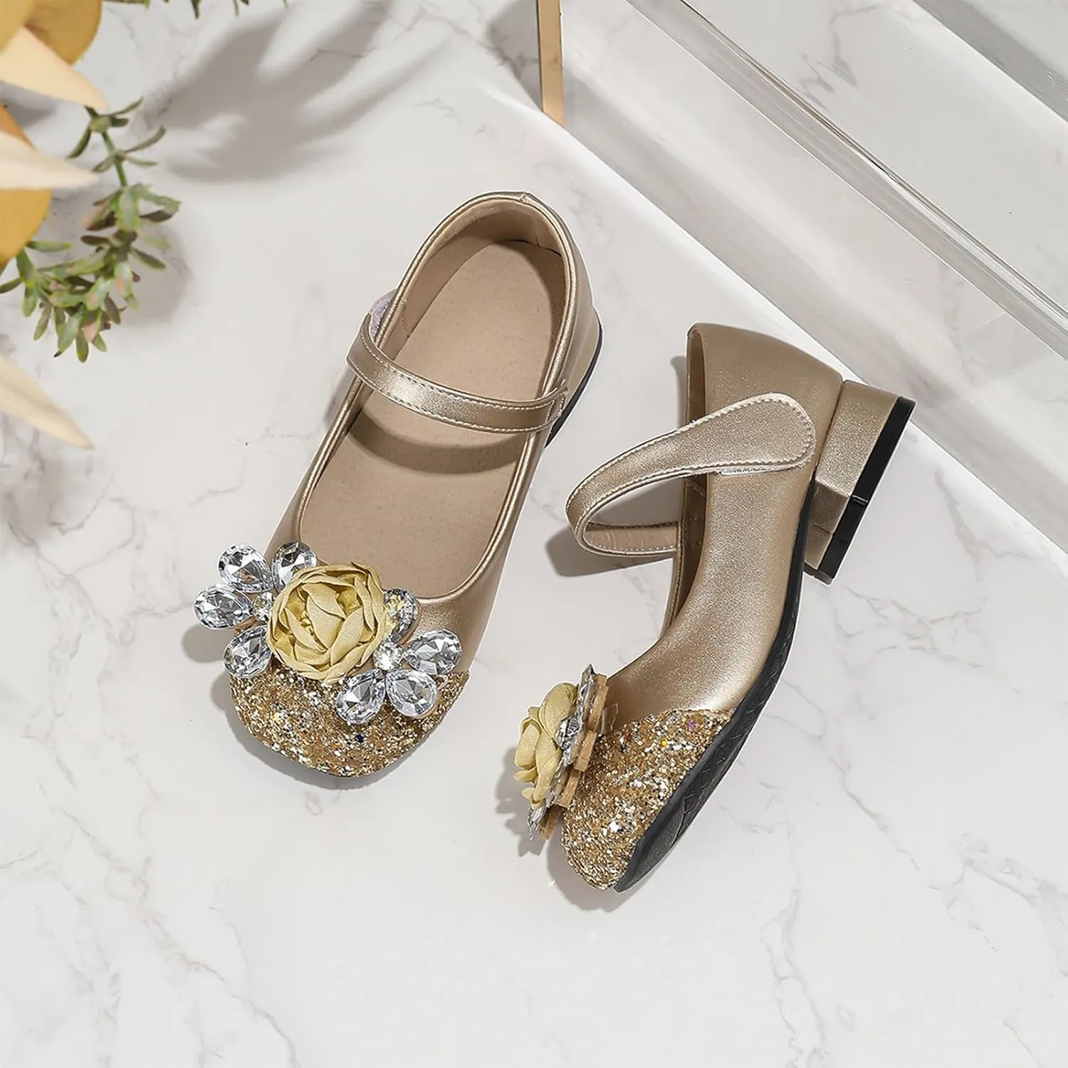 Girls High Heel Shoes Children's Thick Heel Student Leather Shoes Flower Dress Dance Mary Jane Baby White Girls Sandals