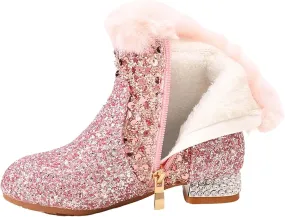 Girls Kids Chunky Sequin Ankle Boots Low Heel Sparkly Glitter Shoes Fleece Fr Lined Warm Shoes with Side Zipper