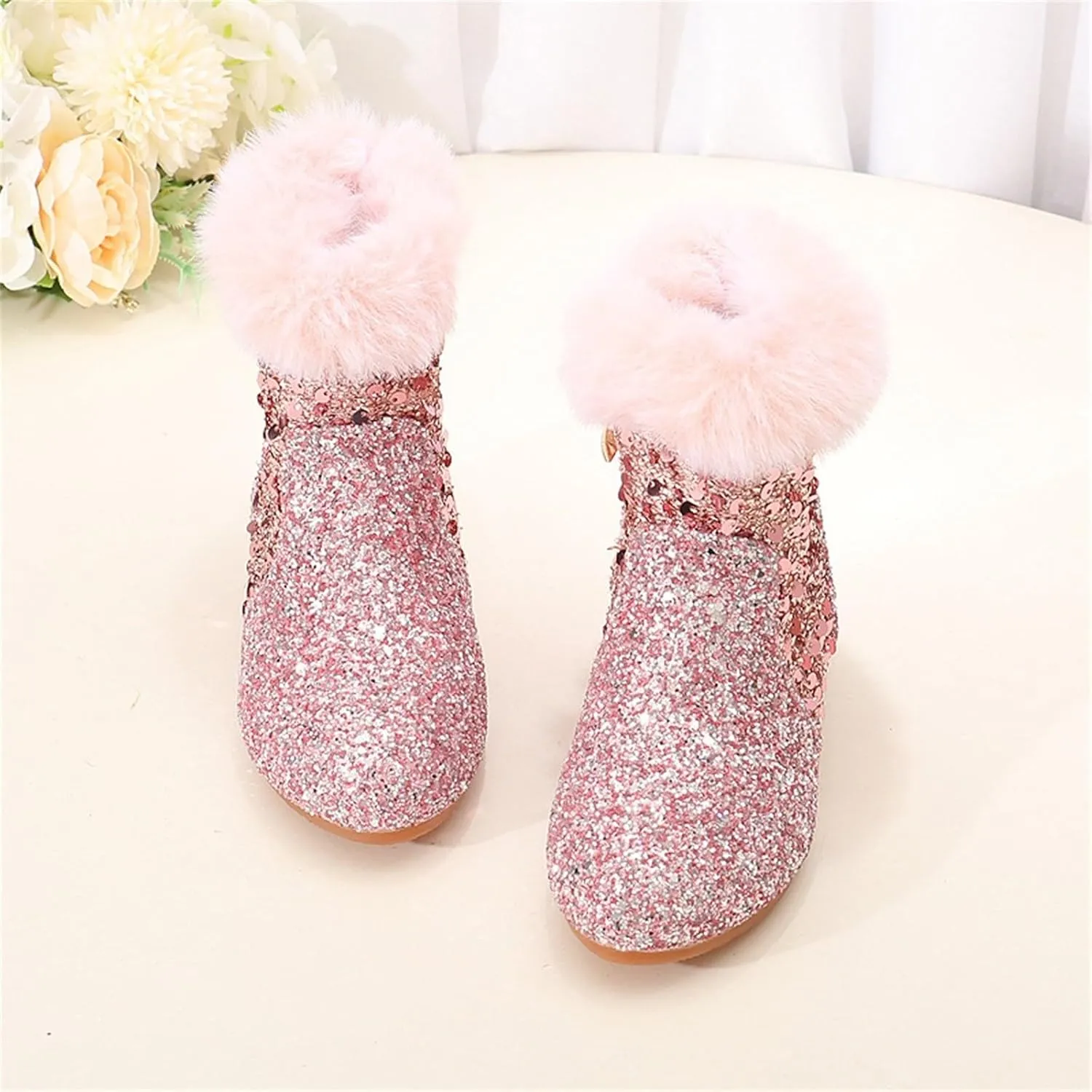 Girls Kids Chunky Sequin Ankle Boots Low Heel Sparkly Glitter Shoes Fleece Fr Lined Warm Shoes with Side Zipper