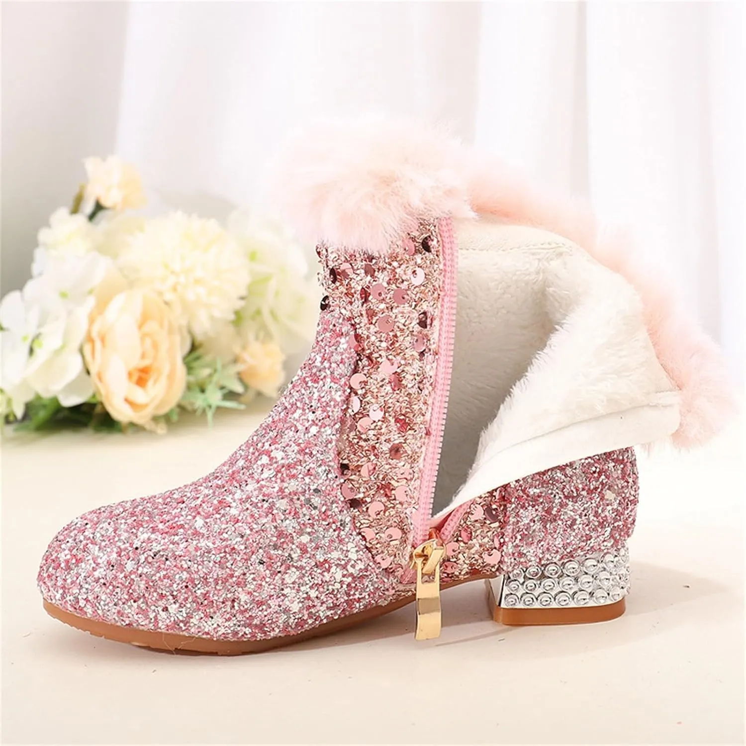Girls Kids Chunky Sequin Ankle Boots Low Heel Sparkly Glitter Shoes Fleece Fr Lined Warm Shoes with Side Zipper
