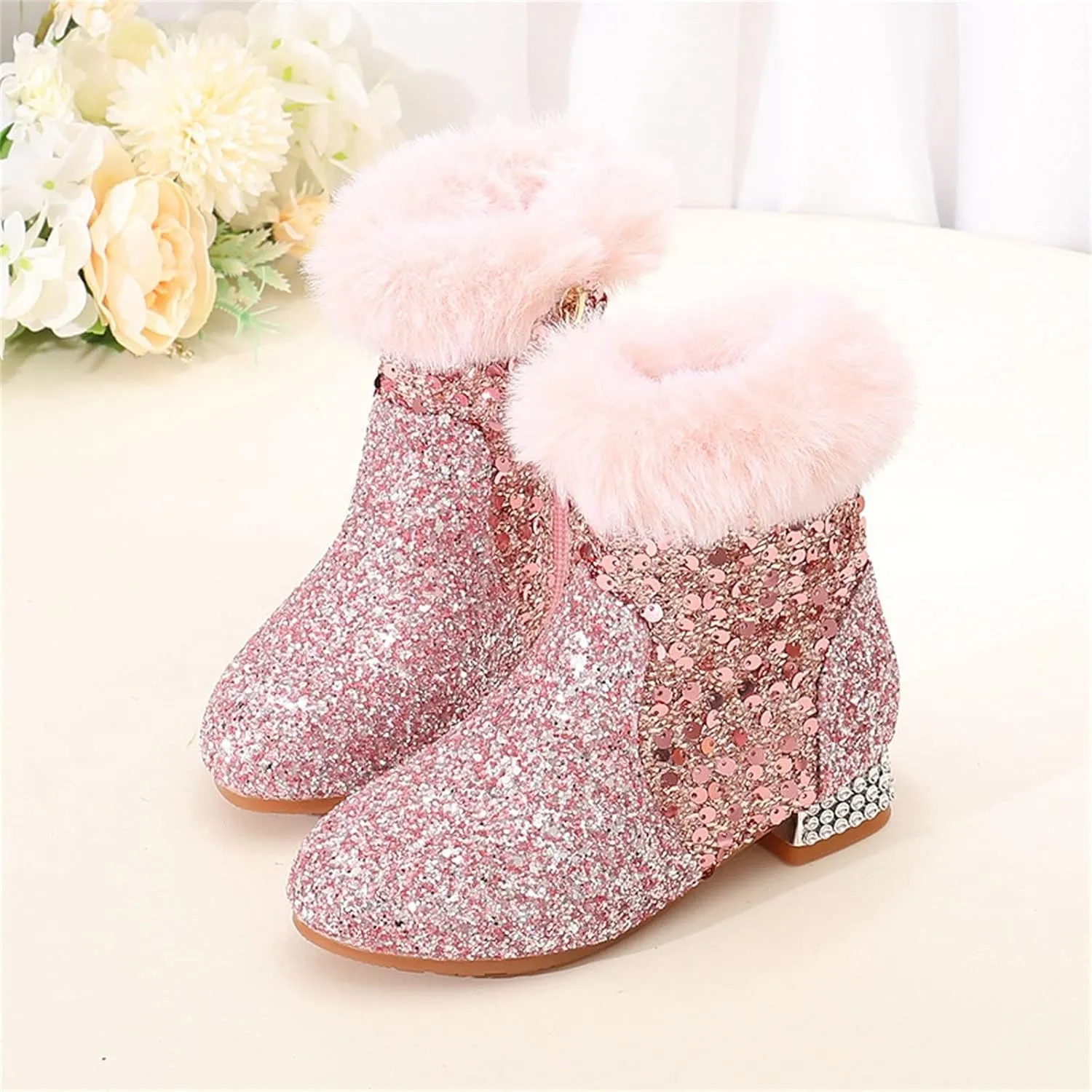 Girls Kids Chunky Sequin Ankle Boots Low Heel Sparkly Glitter Shoes Fleece Fr Lined Warm Shoes with Side Zipper