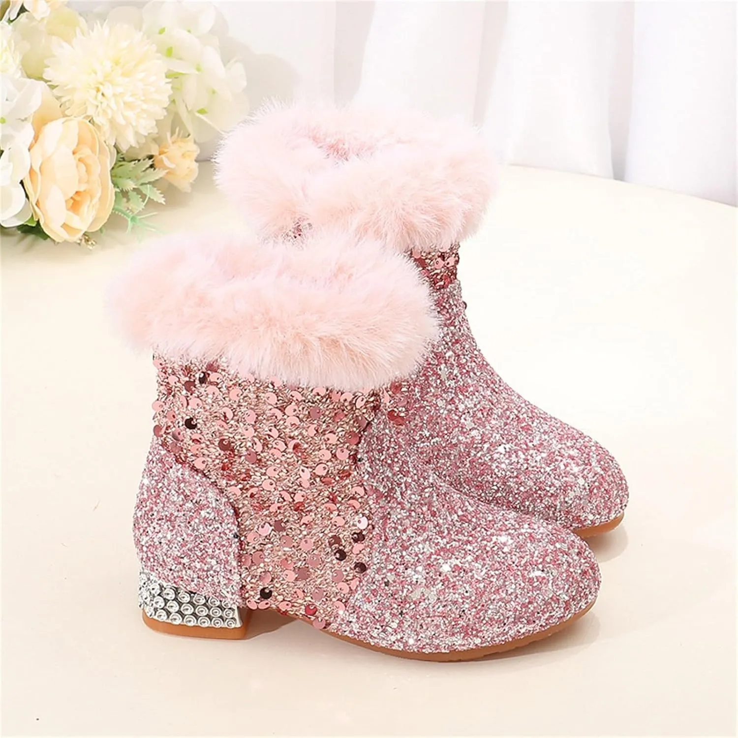 Girls Kids Chunky Sequin Ankle Boots Low Heel Sparkly Glitter Shoes Fleece Fr Lined Warm Shoes with Side Zipper