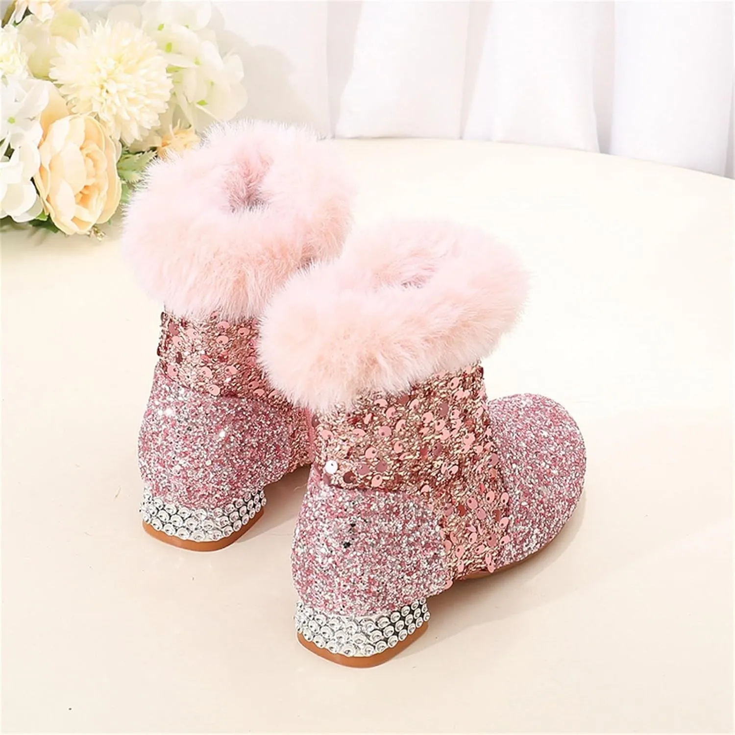 Girls Kids Chunky Sequin Ankle Boots Low Heel Sparkly Glitter Shoes Fleece Fr Lined Warm Shoes with Side Zipper