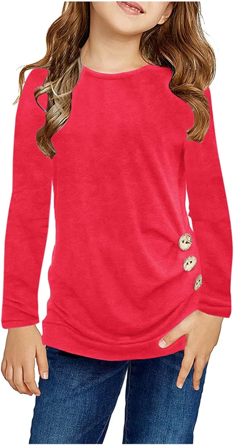 Girls Long Sleeve Heart Pocket T-Shirts Casual Cotton Tee Tops Blouse Kids Crewneck T-Shirts Long Sleeve Shirts Kids