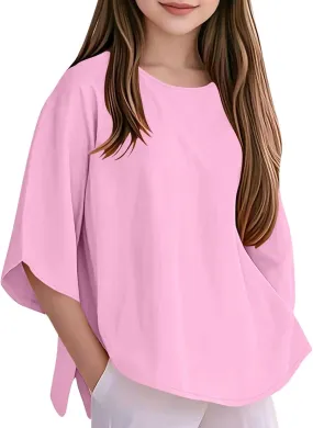 Girls Loose Tunic Tops 3/4 Sleeve Crewneck Summer Kids Oversized T Shirts Plain School Basic Tee Cool Casual