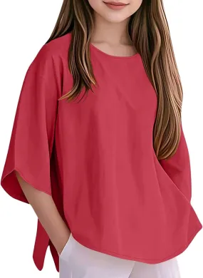 Girls Loose Tunic Tops 3/4 Sleeve Crewneck Summer Kids Oversized T Shirts Plain School Basic Tee Cool Casual