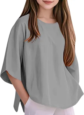 Girls Loose Tunic Tops 3/4 Sleeve Crewneck Summer Kids Oversized T Shirts Plain School Basic Tee Cool Casual