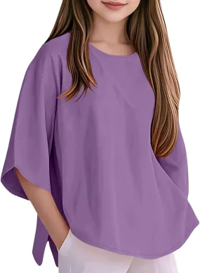 Girls Loose Tunic Tops 3/4 Sleeve Crewneck Summer Kids Oversized T Shirts Plain School Basic Tee Cool Casual