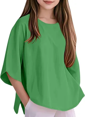 Girls Loose Tunic Tops 3/4 Sleeve Crewneck Summer Kids Oversized T Shirts Plain School Basic Tee Cool Casual