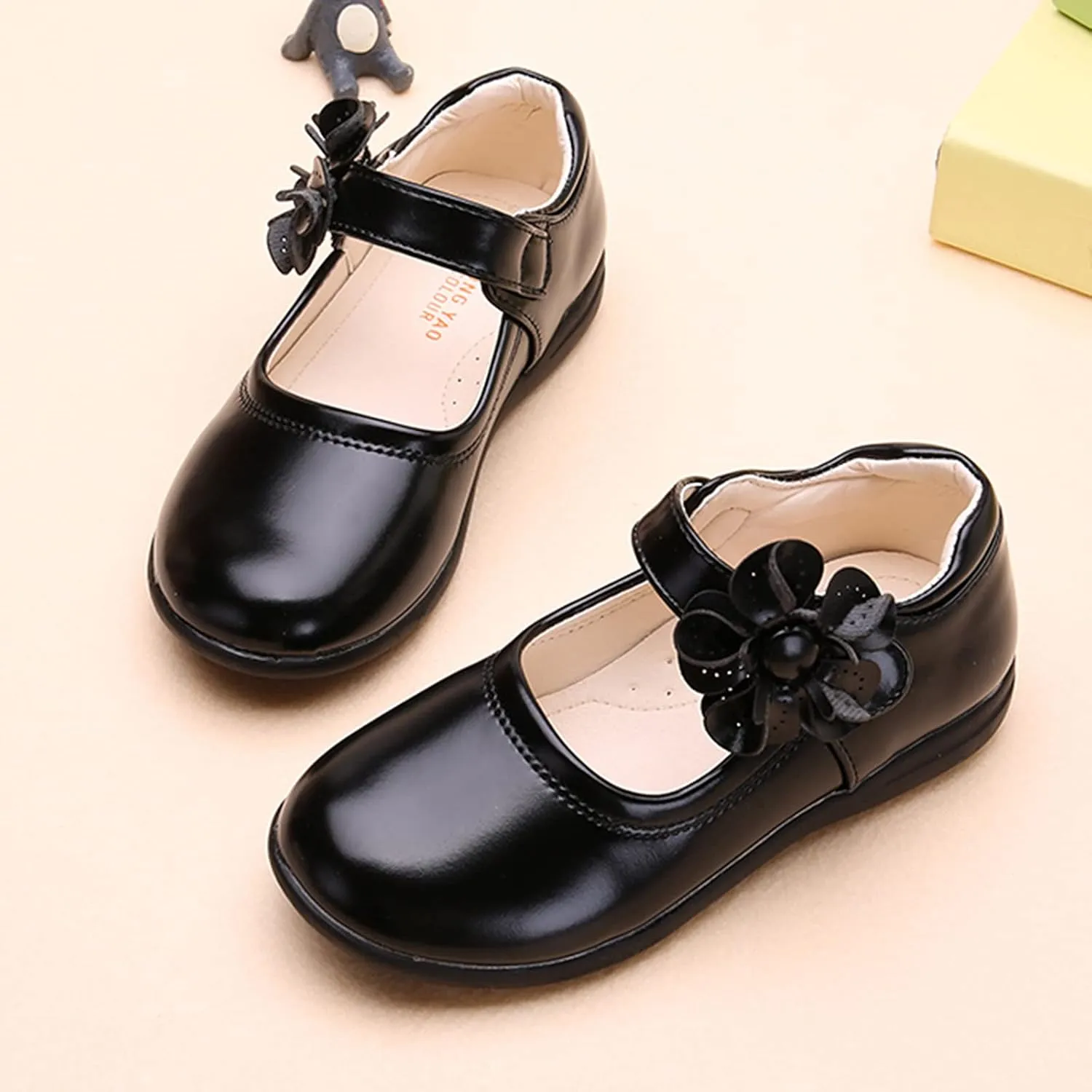 Girls Mary Jane School niform Shoes Non-Slip Hook and Loop Princess Flower Flat for Birthday Wedding Pary