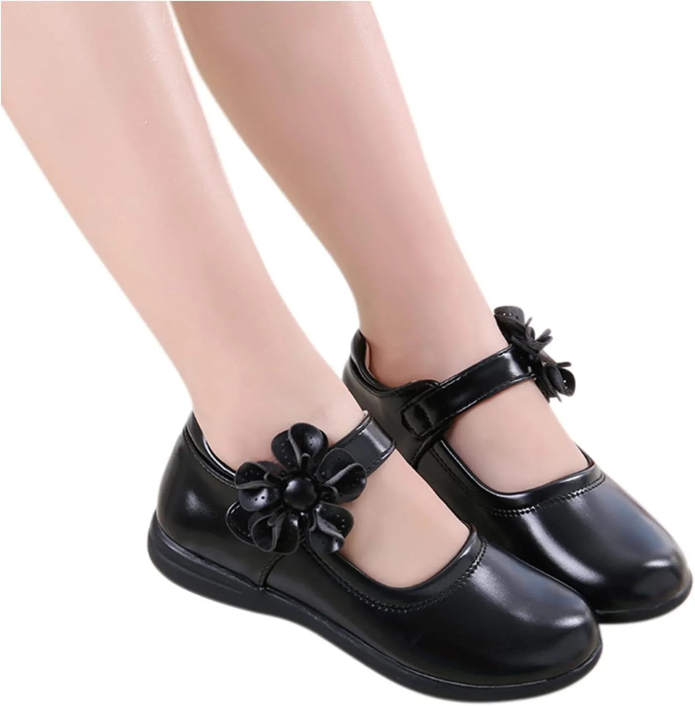 Girls Mary Jane School niform Shoes Non-Slip Hook and Loop Princess Flower Flat for Birthday Wedding Pary