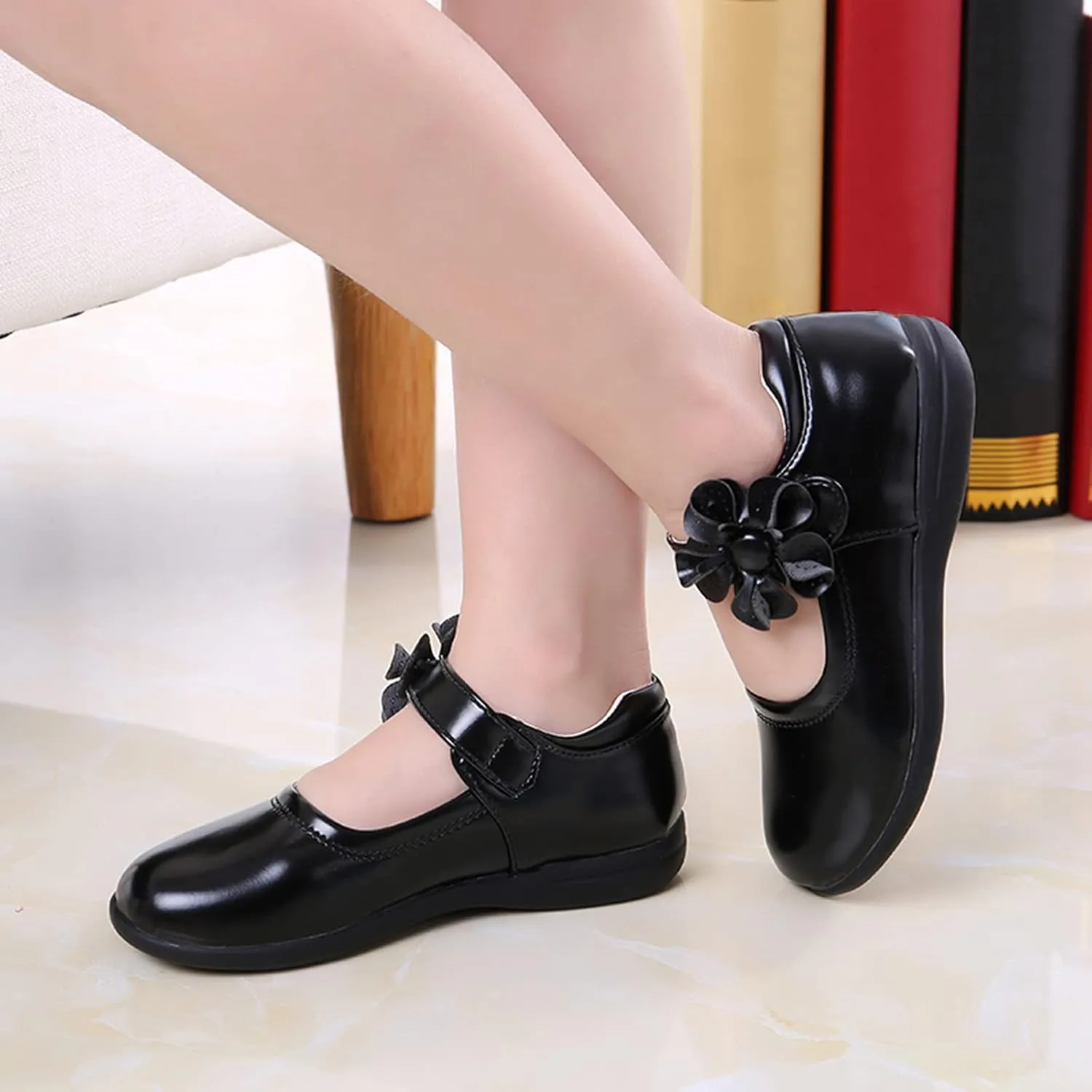 Girls Mary Jane School niform Shoes Non-Slip Hook and Loop Princess Flower Flat for Birthday Wedding Pary