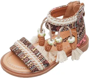 Girls Open Toe Sandals Fashion Tassel Ankle Strap Pumps Back Zip Summer Party Dress Shoes Toddler/Little Kid/Big Kid (Khaki, 10.5 Little Child)