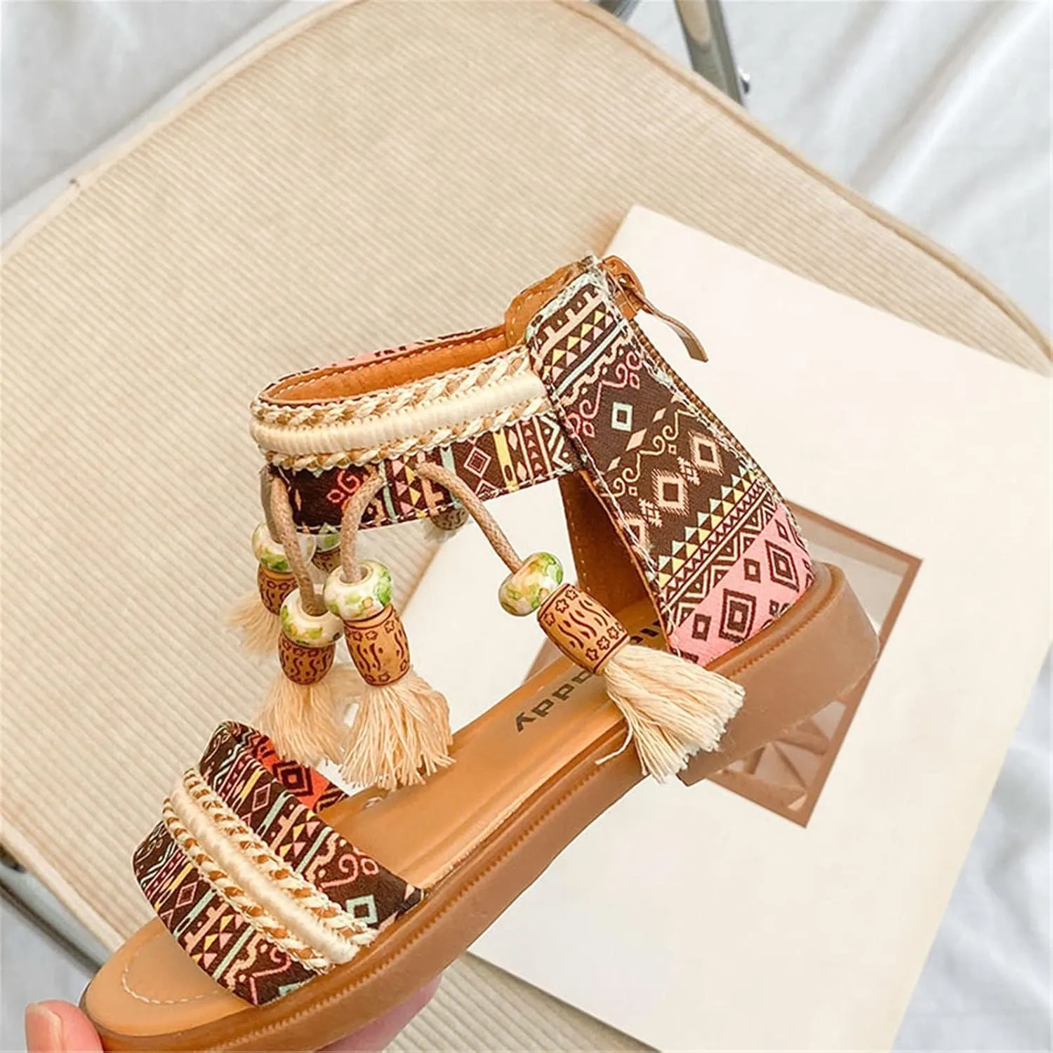 Girls Open Toe Sandals Fashion Tassel Ankle Strap Pumps Back Zip Summer Party Dress Shoes Toddler/Little Kid/Big Kid (Khaki, 10.5 Little Child)