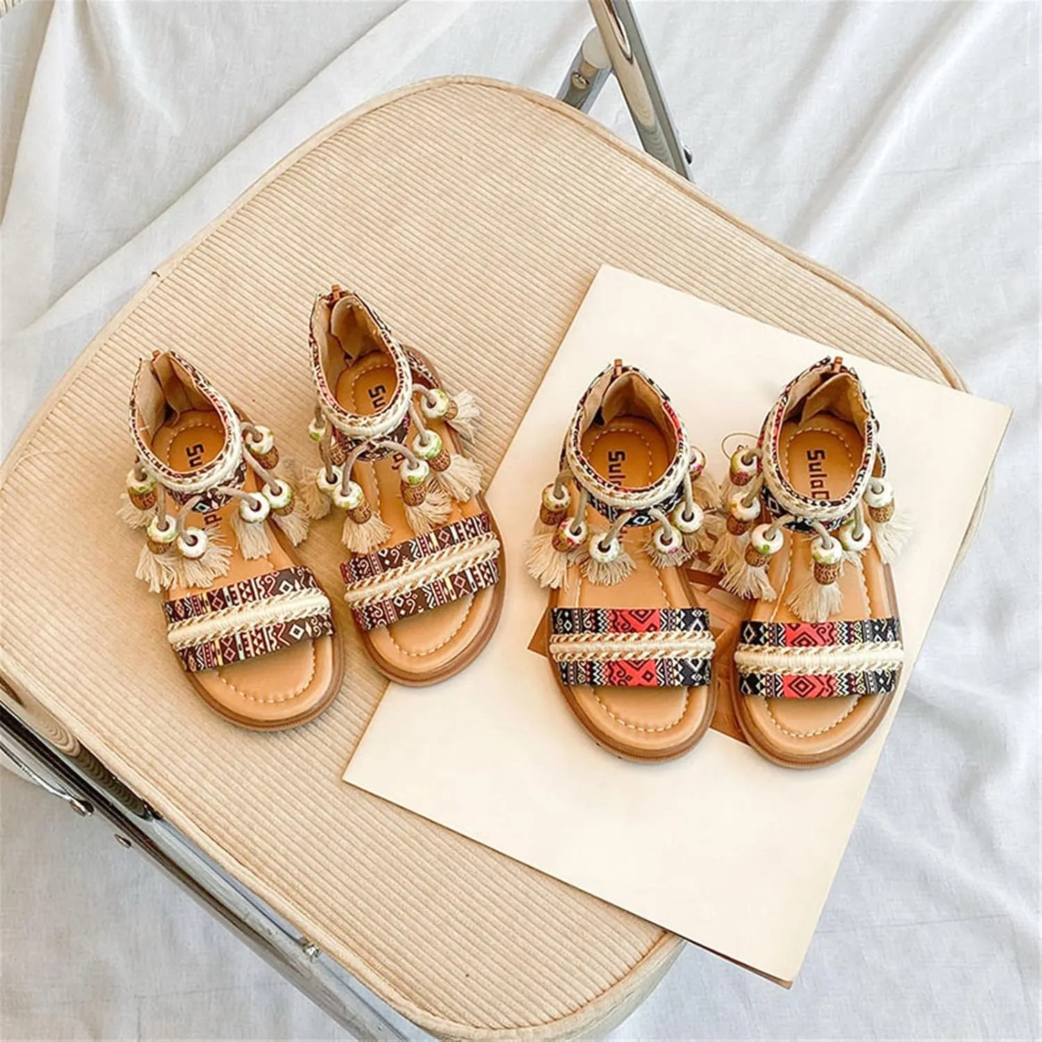 Girls Open Toe Sandals Fashion Tassel Ankle Strap Pumps Back Zip Summer Party Dress Shoes Toddler/Little Kid/Big Kid (Khaki, 10.5 Little Child)