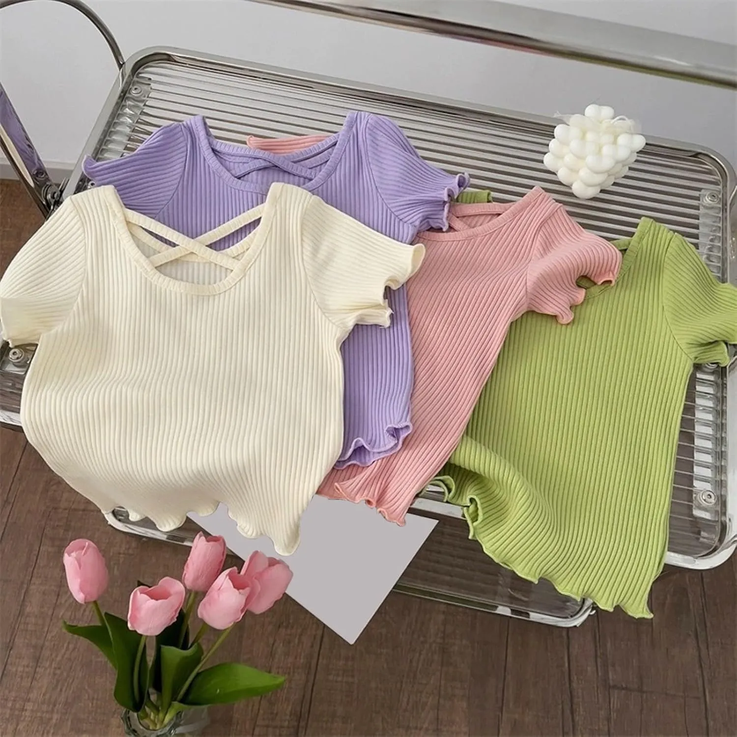 Girls Ribbed Knit T-Shirts Short Sleeve Cute Tee Flowy Ruffle Trim Blouses for Toddler Girls Knit Tops Summer T-Shirts