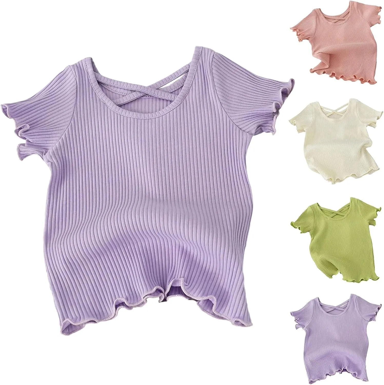 Girls Ribbed Knit T-Shirts Short Sleeve Cute Tee Flowy Ruffle Trim Blouses for Toddler Girls Knit Tops Summer T-Shirts