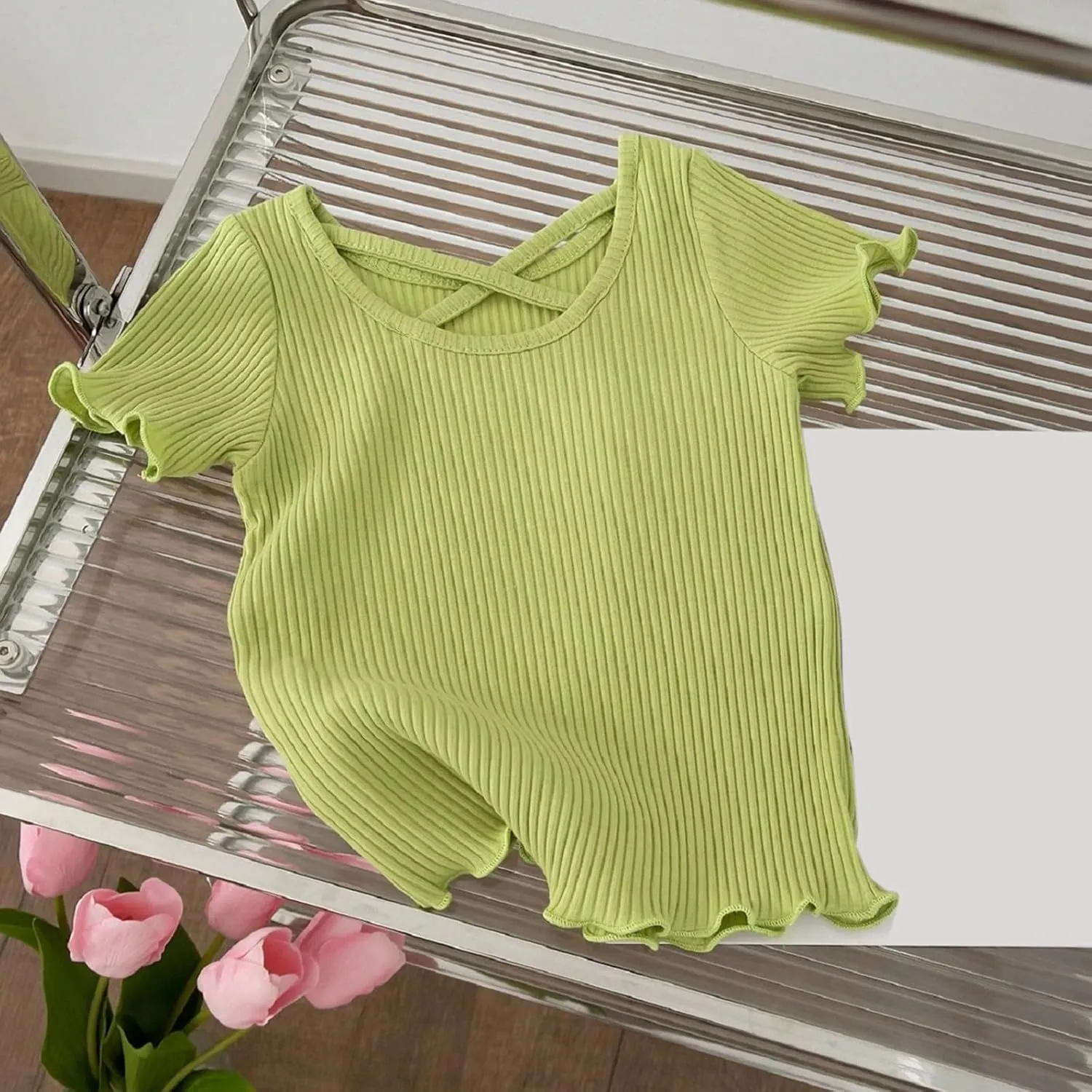 Girls Ribbed Knit T-Shirts Short Sleeve Cute Tee Flowy Ruffle Trim Blouses for Toddler Girls Knit Tops Summer T-Shirts