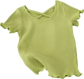 Girls Ribbed Knit T-Shirts Short Sleeve Cute Tee Flowy Ruffle Trim Blouses for Toddler Girls Knit Tops Summer T-Shirts