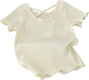 Girls Ribbed Knit T-Shirts Short Sleeve Cute Tee Flowy Ruffle Trim Blouses for Toddler Girls Knit Tops Summer T-Shirts