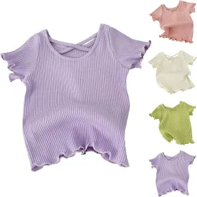 Girls Ribbed Knit T-Shirts Short Sleeve Cute Tee Flowy Ruffle Trim Blouses for Toddler Girls Knit Tops Summer T-Shirts