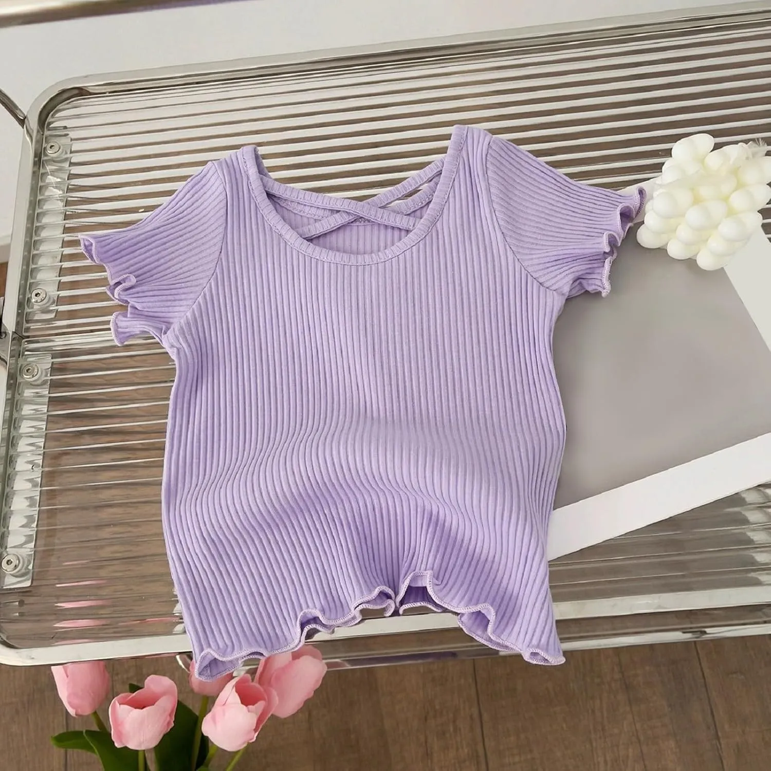 Girls Ribbed Knit T-Shirts Short Sleeve Cute Tee Flowy Ruffle Trim Blouses for Toddler Girls Knit Tops Summer T-Shirts