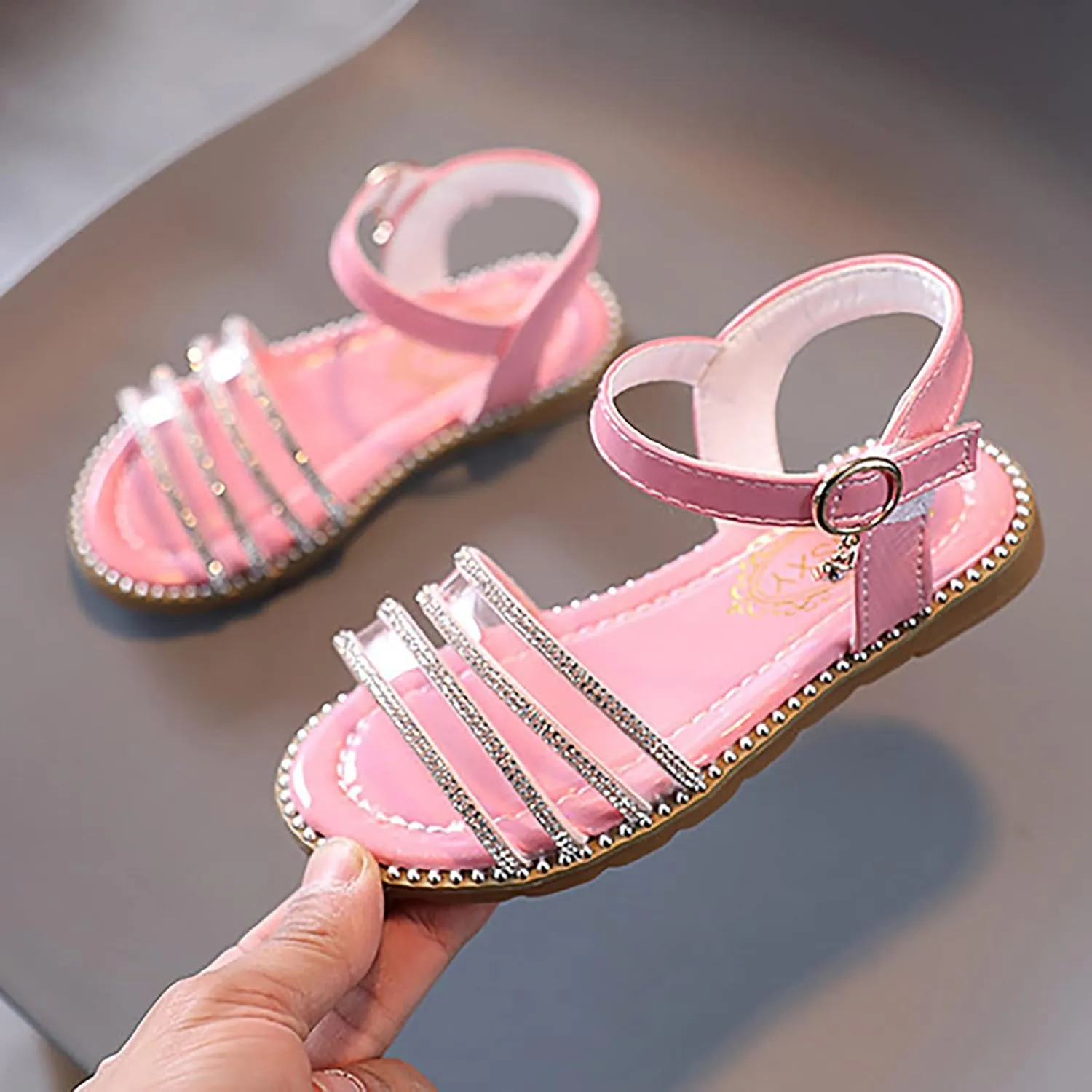 Girls' Sandals Fashion Spring Summer Children Sandals Girls Flat Open Toe Buckle Light and Comfortable Solid Color (Pink, 11 Toddler)