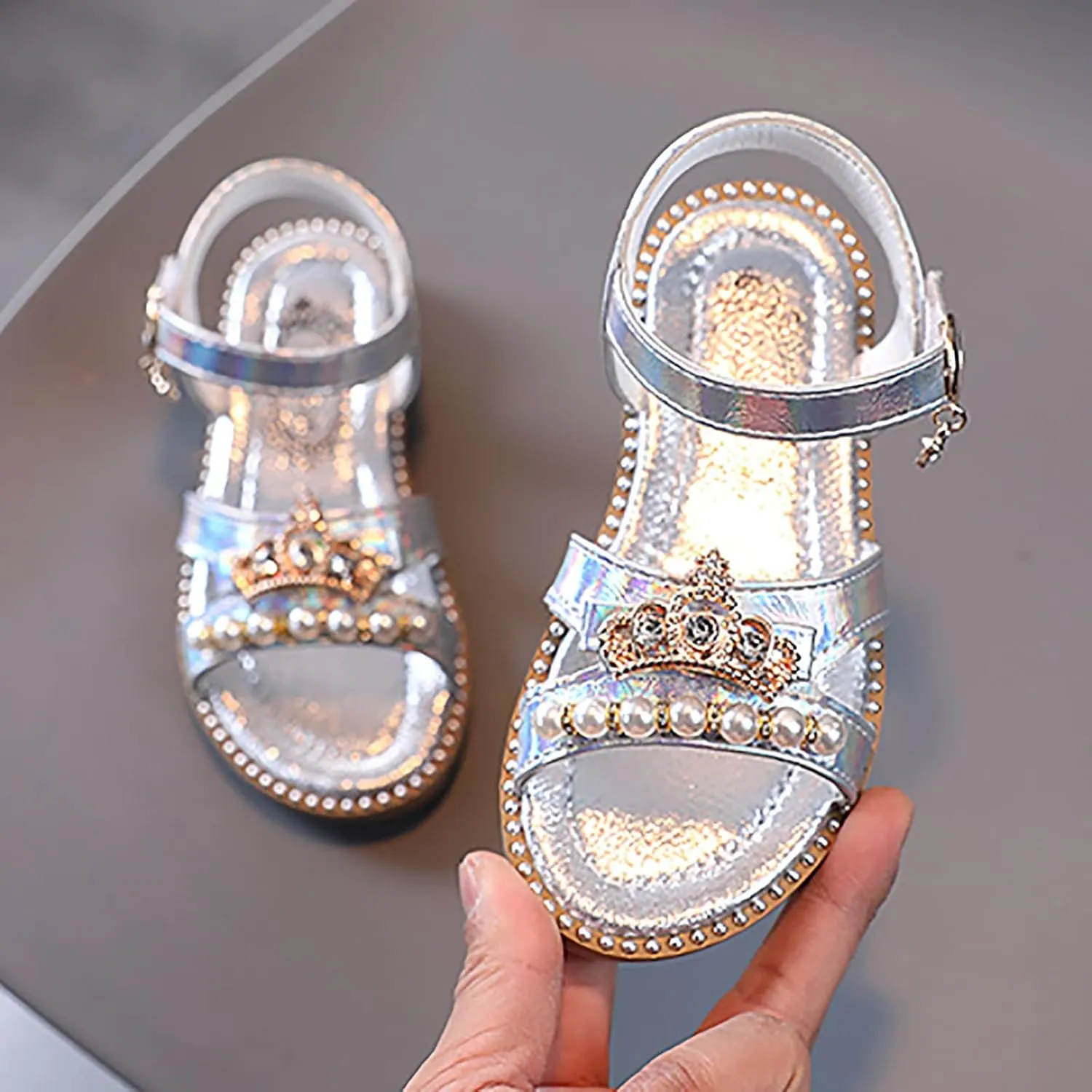 Girls Sandals Flat Pearl Children Shoes Big Kids Beach Shoes Girls Princess Shoes Toddler Flops (Silver, 4.5-5 Years)