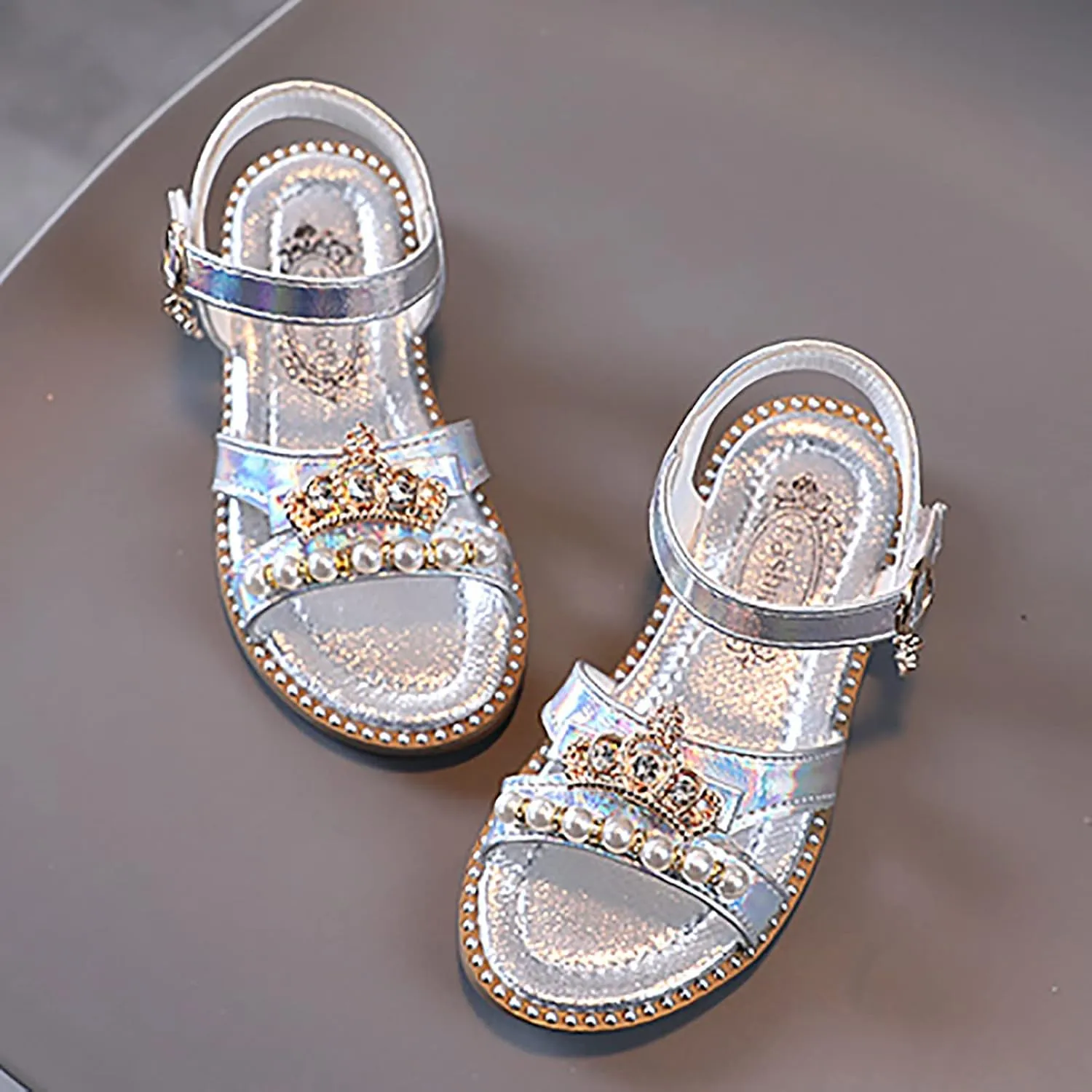 Girls Sandals Flat Pearl Children Shoes Big Kids Beach Shoes Girls Princess Shoes Toddler Flops (Silver, 4.5-5 Years)