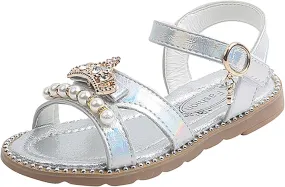Girls Sandals Flat Pearl Children Shoes Big Kids Beach Shoes Girls Princess Shoes Toddler Flops (Silver, 4.5-5 Years)