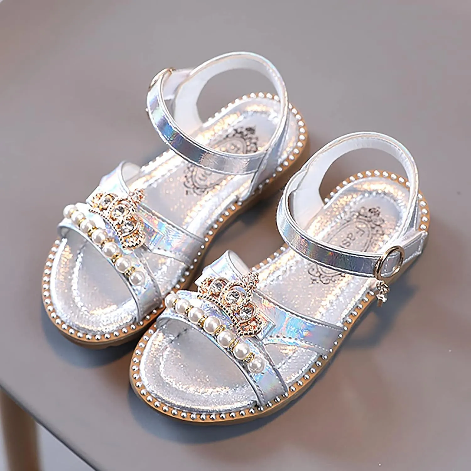 Girls Sandals Flat Pearl Children Shoes Big Kids Beach Shoes Girls Princess Shoes Toddler Flops (Silver, 4.5-5 Years)