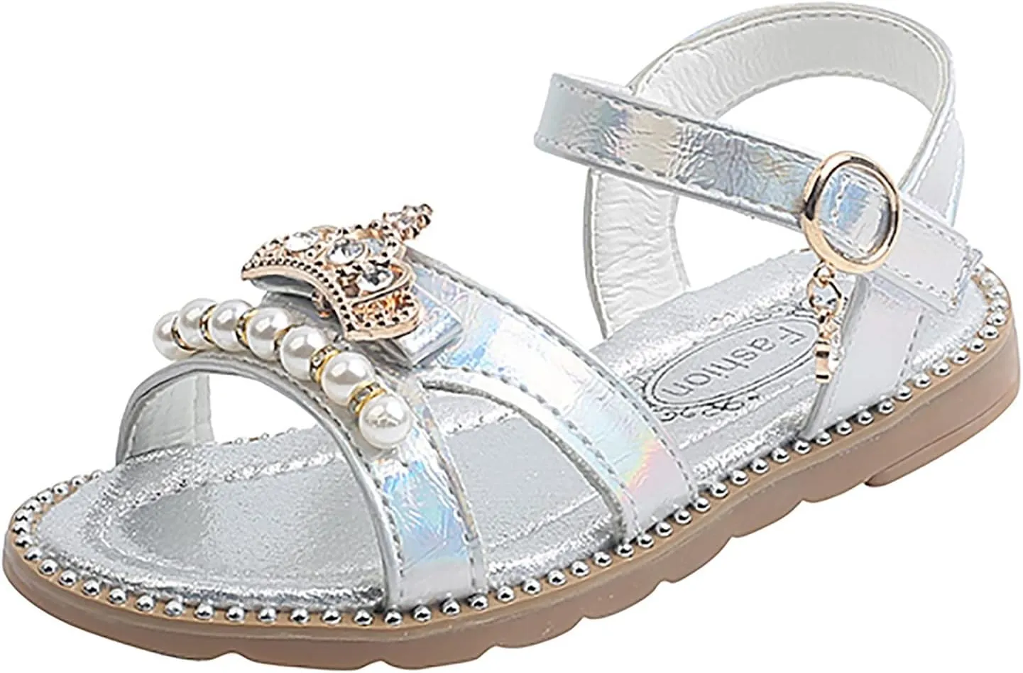 Girls Sandals Flat Pearl Children Shoes Big Kids Beach Shoes Girls Princess Shoes Toddler Flops (Silver, 4.5-5 Years)