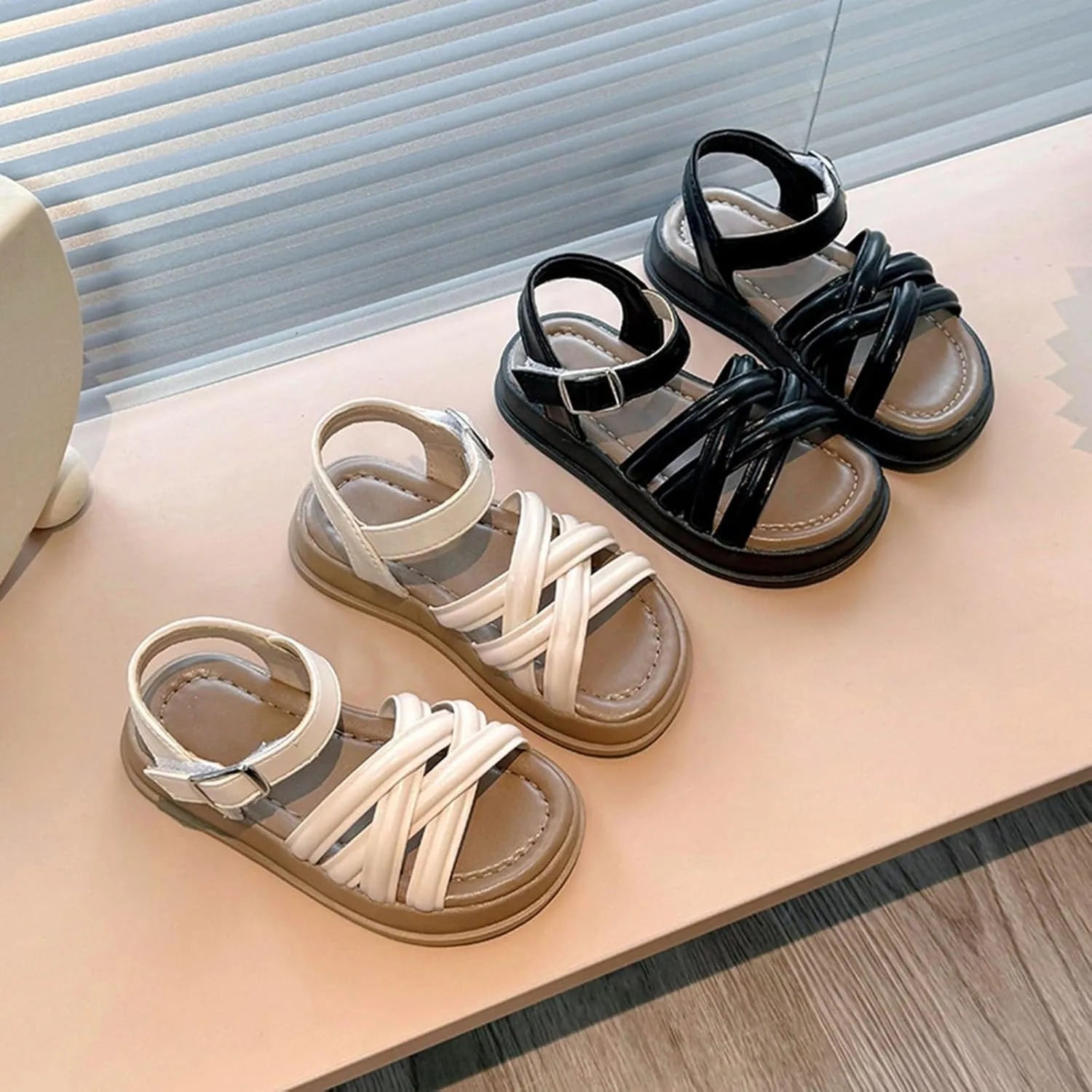 Girls Sandals Open Toe Breathable Princess Non-Slip Flats Summer Beach Lightweight Rubber Sole Ankle Strap Sandals