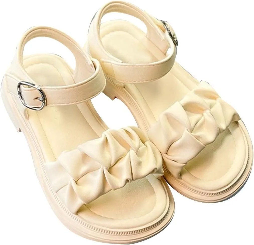 Girls Sandals Open Toe Princess Flat Sandals Strappy Summer Shoes Toddler/Little Kid Princess Dress Flat Shoes (Beige, 10.5 Little Child)