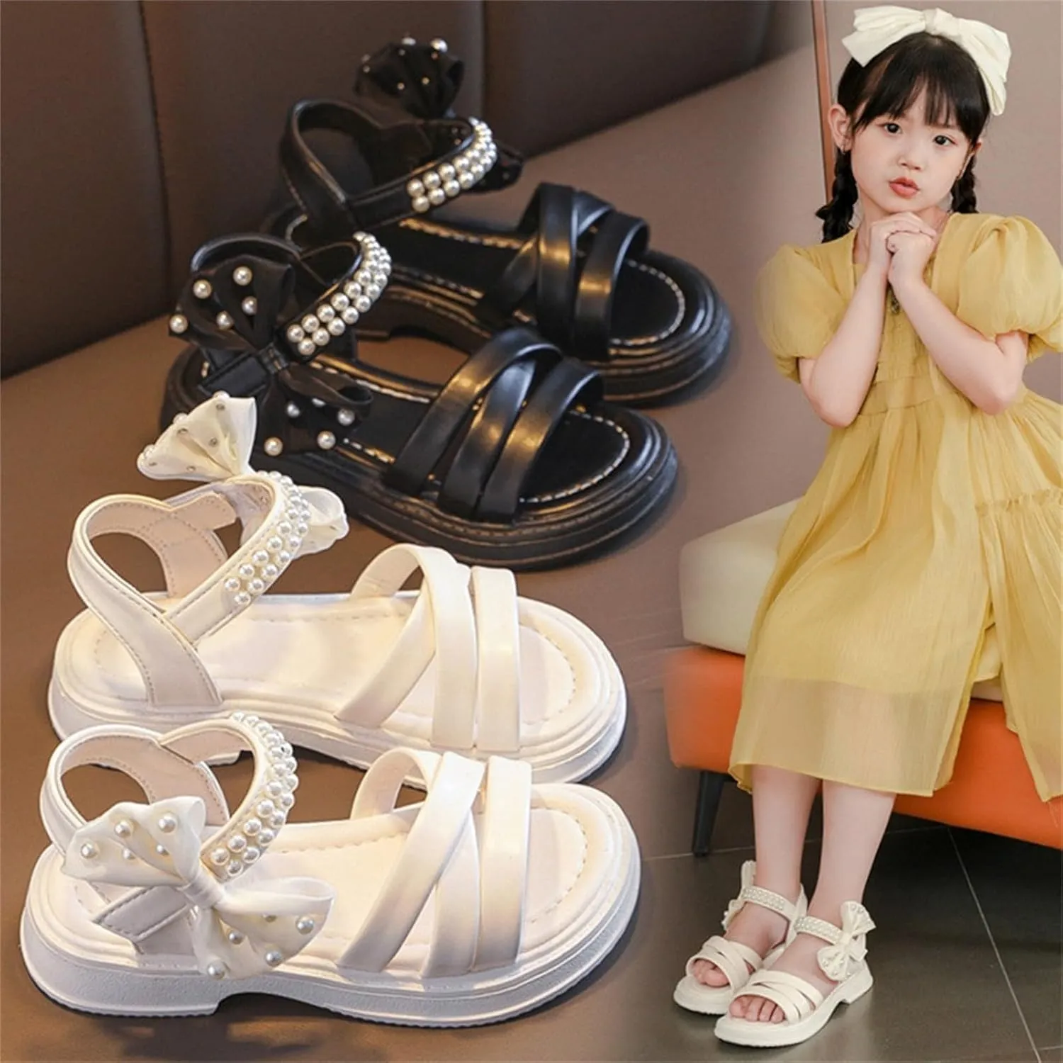Girls Sandals Open Toe Summer Flats Dress Sandals Soft Rubber Princess Summer Flower Shoes for Little Kid/Big Kid