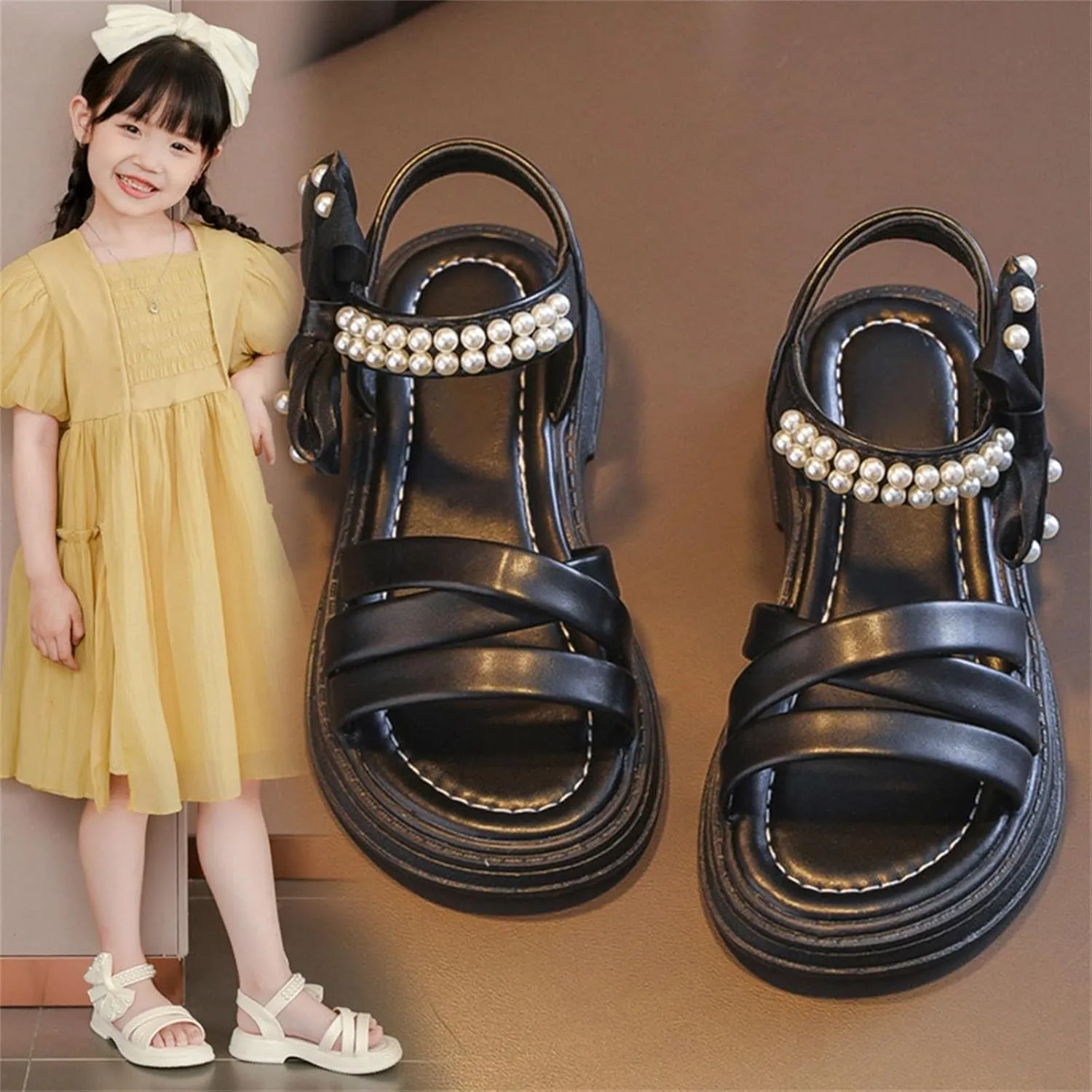 Girls Sandals Open Toe Summer Flats Dress Sandals Soft Rubber Princess Summer Flower Shoes for Little Kid/Big Kid