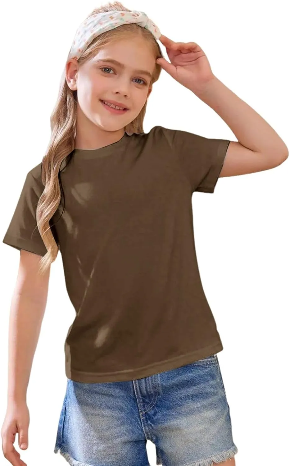 Girls Short Sleeve T-Shirt Basic Solid Tees Crewneck Tops for Tween Girls Loose Blouse Preppy T-Shirt Athletic Tops