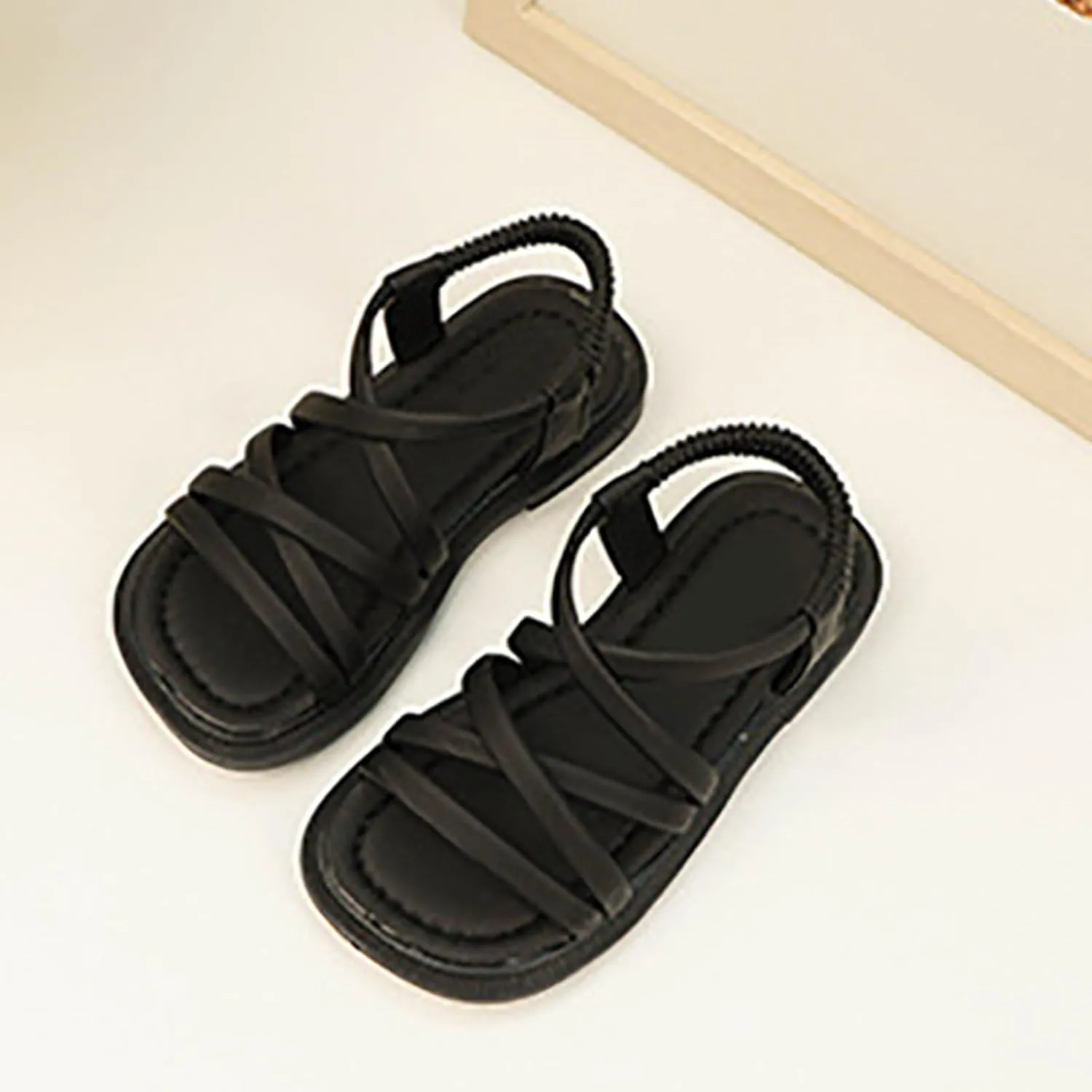 Girls Soft Sandals Gladiator Open Toe Elastic Soft Bottom Solid Color Roman Beach Anti-Slip Slipper Flat