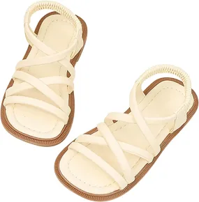 Girls Soft Sandals Gladiator Open Toe Elastic Soft Bottom Solid Color Roman Beach Anti-Slip Slipper Flat
