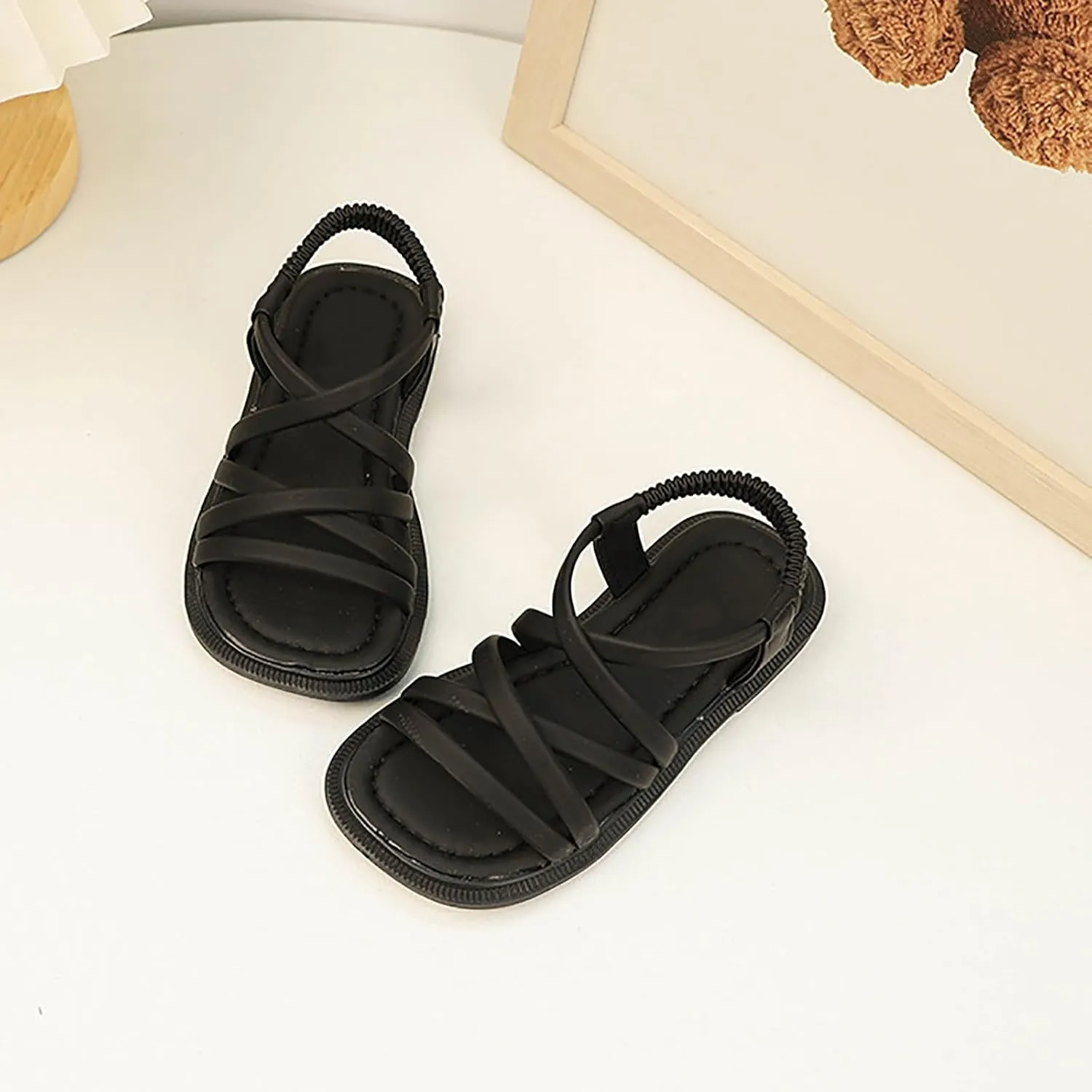 Girls Soft Sandals Gladiator Open Toe Elastic Soft Bottom Solid Color Roman Beach Anti-Slip Slipper Flat