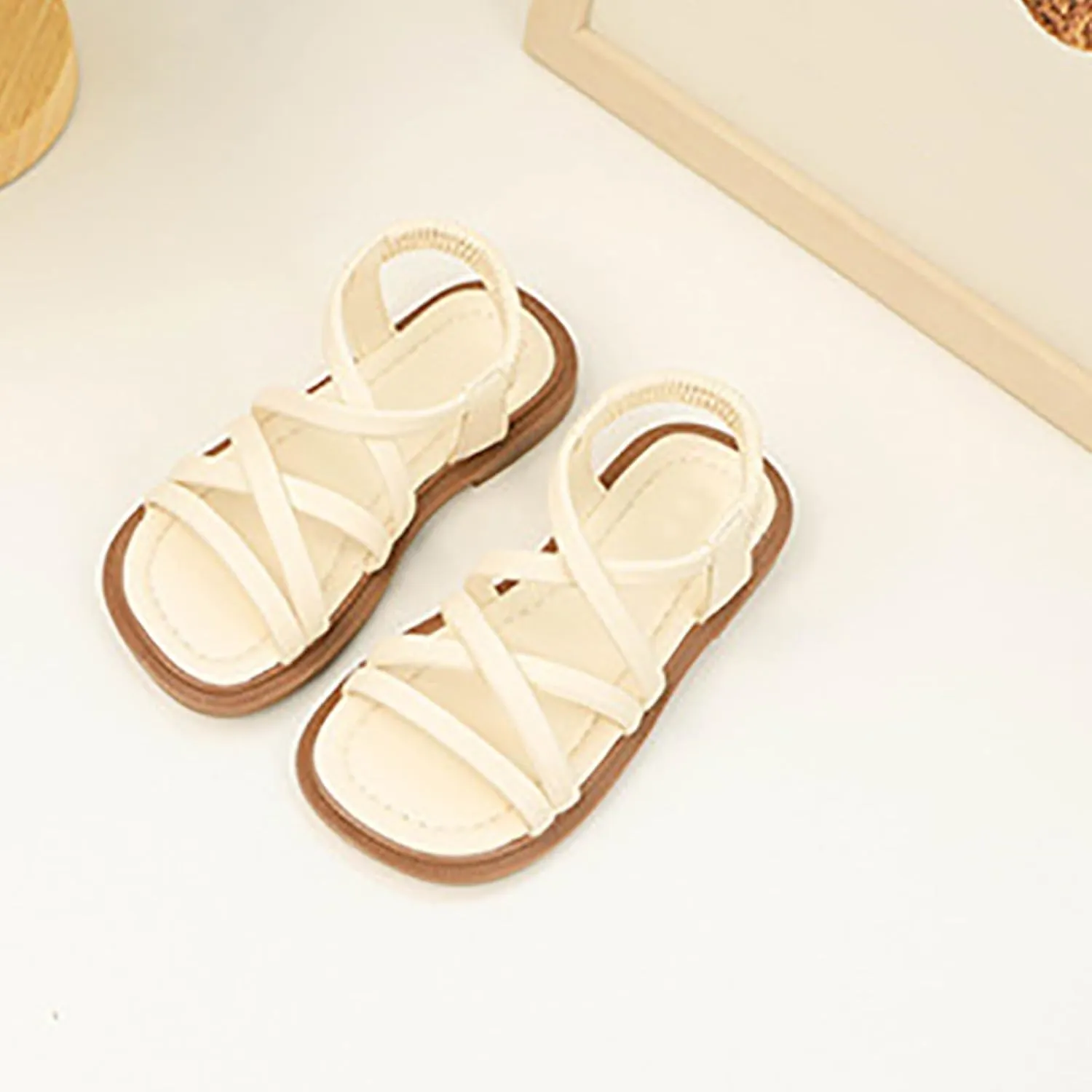 Girls Soft Sandals Gladiator Open Toe Elastic Soft Bottom Solid Color Roman Beach Anti-Slip Slipper Flat