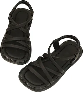 Girls Soft Sandals Gladiator Open Toe Elastic Soft Bottom Solid Color Roman Beach Anti-Slip Slipper Flat